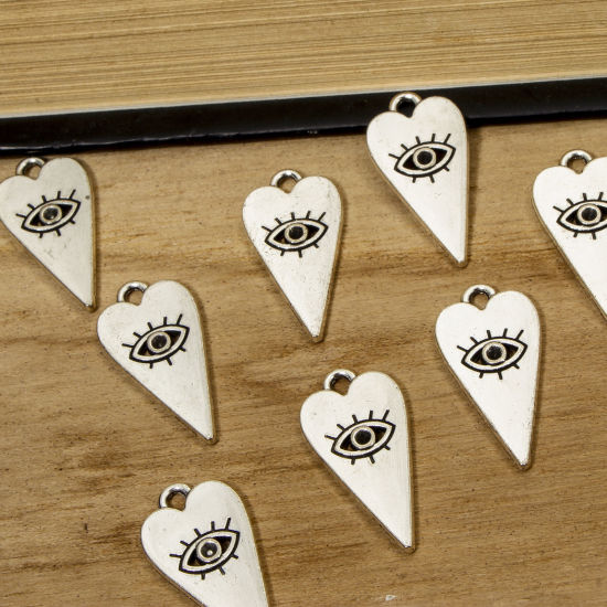 Picture of 20 PCs Zinc Based Alloy Gothic Charms Antique Silver Color Heart Eye of Providence/ All-seeing Eye (Can Hold ss5 Pointed Back Rhinestone) 22mm x 11mm