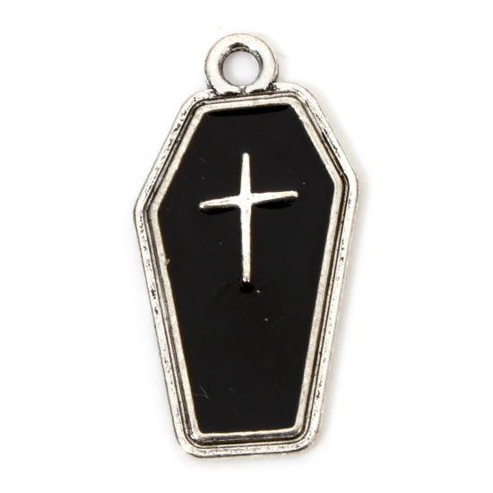 Picture of 10 PCs Zinc Based Alloy Halloween Pendants Antique Silver Color Black Coffin Cross Enamel 25mm x 13mm