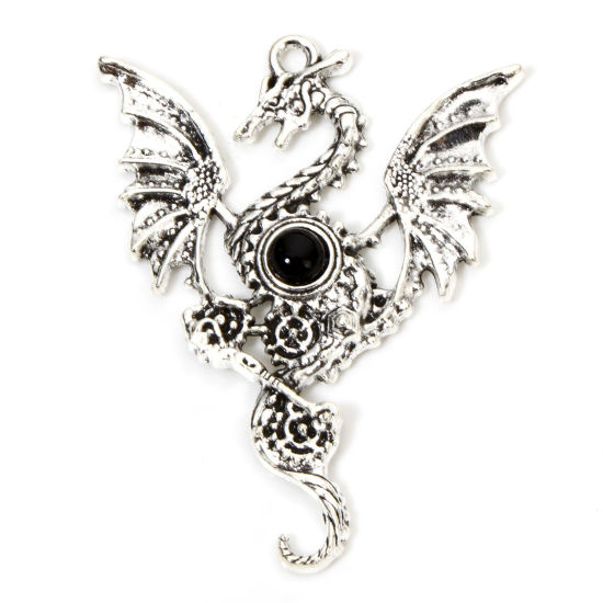 Picture of 10 PCs Zinc Based Alloy Gothic Pendants Antique Silver Color Black Dragon Wing Enamel 4.8cm x 3.8cm