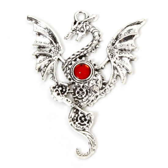 Picture of 10 PCs Zinc Based Alloy Gothic Pendants Antique Silver Color Red Dragon Wing Enamel 4.8cm x 3.8cm