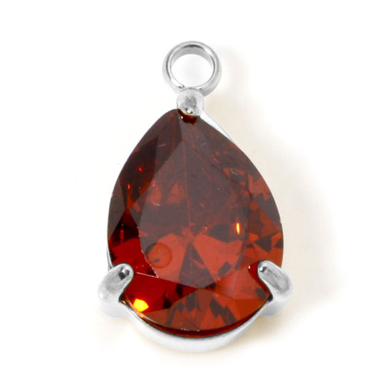 Immagine di 1 Pz Ecologico 304 Acciaio Inossidabile Ciondoli Goccia Tono Argento Rosso Cubic Zirconiae 13mm x 8mm
