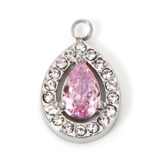 Imagen de 1 Unidad Respetuoso del Medio Ambiente 304 Acero Inoxidable Colgantes Gota Tono de Plata Micro Pave Rosado Circón Artificial 13.5mm x 9mm