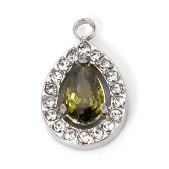 Imagen de 1 Unidad Respetuoso del Medio Ambiente 304 Acero Inoxidable Colgantes Gota Tono de Plata Micro Pave Verde Olivo Circón Artificial 13.5mm x 9mm