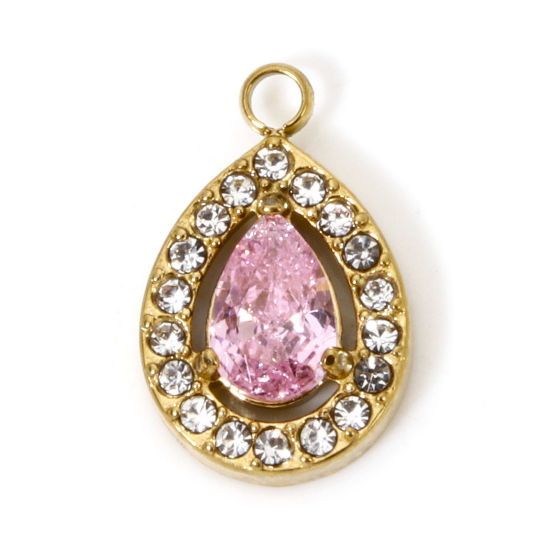 Imagen de 1 Unidad Enchapado al Vacío 304 Acero Inoxidable Colgantes Gota Chapado en Oro Micro Pave Rosado Circón Artificial 13.5mm x 9mm