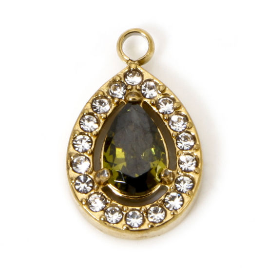 Imagen de 1 Unidad Enchapado al Vacío 304 Acero Inoxidable Colgantes Gota Chapado en Oro Micro Pave Verde Olivo Circón Artificial 13.5mm x 9mm