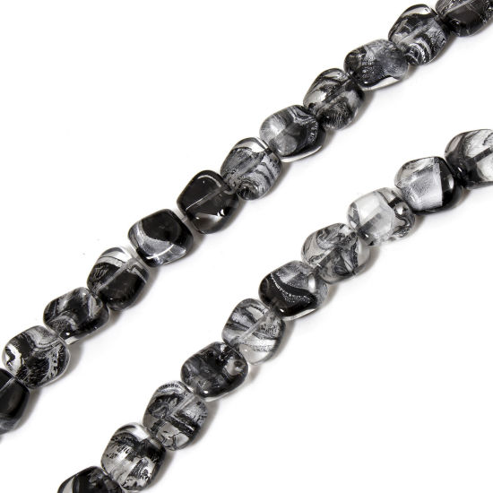 Picture of 1 Strand (Approx 20 PCs/Strand) Glass Beads For DIY Jewelry Making Quadrilateral Black Ink Spot Transparent About 11mm x 10mm, Hole: Approx 0.7mm, 20.5cm(8 1/8") long