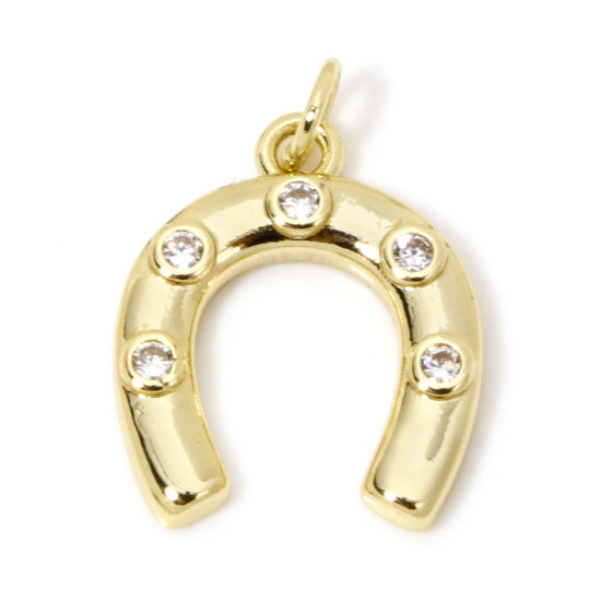 Picture of 1 Piece Eco-friendly Brass West Cowboy Charms 18K Real Gold Plated Luck Horseshoe Clear Cubic Zirconia 21mm x 15mm