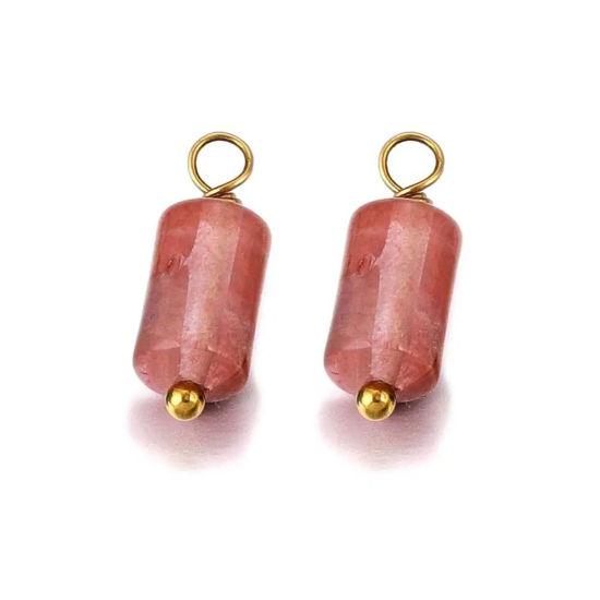 Immagine di 5 Pz Placcatura Sottovuoto 304 Acciaio Inossidabile & Gemma Ciondoli Cilindrico Placcato Oro 18K Rosa 17mm x 6mm