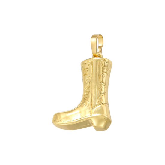 Picture of 1 Piece Brass West Cowboy Charm Pendant 18K Gold Plated Boots Clear Cubic Zirconia 25mm x 14.5mm