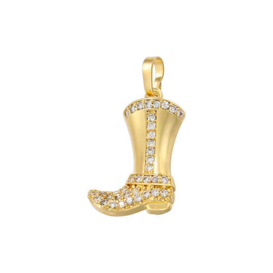 Picture of 1 Piece Brass West Cowboy Charm Pendant 18K Gold Plated Boots Clear Cubic Zirconia 25mm x 13mm