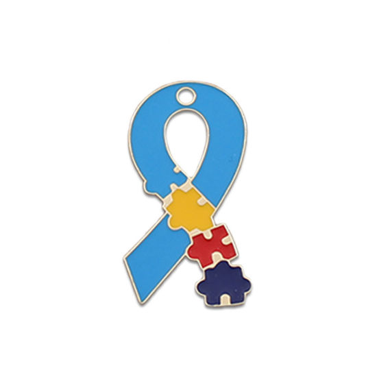 Picture of 5 PCs Zinc Based Alloy Medical Pendants Gold Plated Ribbon Autism Awareness Jigsaw Puzzle Piece Enamel 3.2cm x 1.8cm