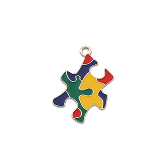 Picture of 5 PCs Zinc Based Alloy Medical Charms Gold Plated Jigsaw Autism Awareness Jigsaw Puzzle Piece Enamel 27.5mm x 20mm