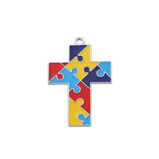 Picture of 5 PCs Zinc Based Alloy Medical Pendants Silver Tone Cross Autism Awareness Jigsaw Puzzle Piece Enamel 3.7cm x 2.6cm