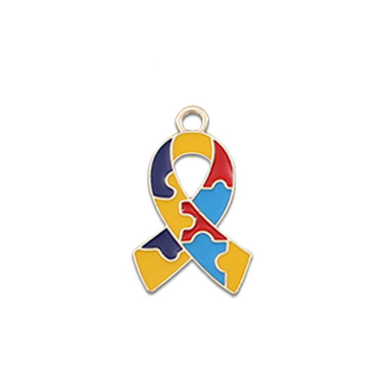 Picture of 5 PCs Zinc Based Alloy Medical Charms Gold Plated Ribbon Autism Awareness Jigsaw Puzzle Piece Enamel 25mm x 15mm