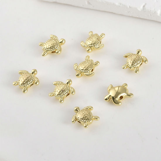 Picture of 2 PCs Hypoallergenic Brass Ocean Jewelry Beads For DIY Jewelry Making 14K Gold Plated Sea Turtle Animal About 10mm x 10mm, Hole: Approx 1.2mm