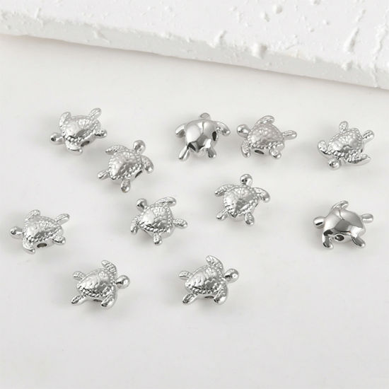 Picture of 2 PCs Hypoallergenic Brass Ocean Jewelry Beads For DIY Jewelry Making Silver Tone Sea Turtle Animal About 10mm x 10mm, Hole: Approx 1.2mm