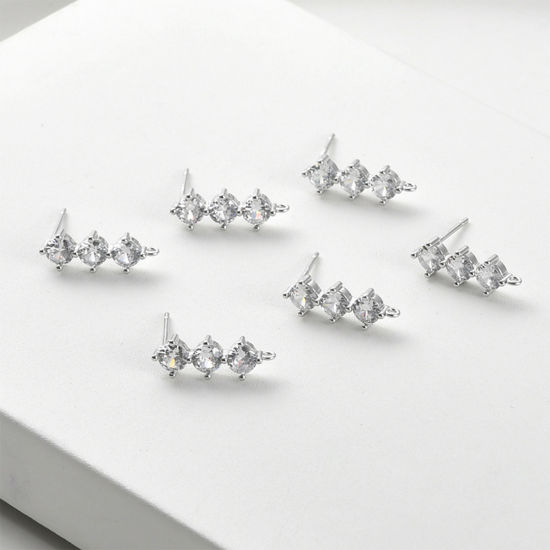 Imagen de 2 Unidades Hipoalergénico Latón Exquisito Pendiente de Poste de Oreja para Accesorios de Fabricación de Joyas de Bricolaje Tono de Plata Geométrico Con Lazo Transparente Rhinestone 16.5mm x 5.5mm