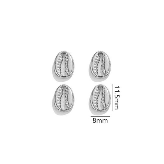 Picture of 5 PCs 304 Stainless Steel Ocean Jewelry Charms Silver Tone Cowrie Monetaria Caputserpentis 3D 11.5mm x 8mm