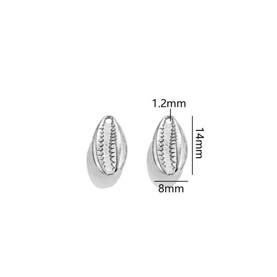 Picture of 2 PCs 304 Stainless Steel Ocean Jewelry Charms Silver Tone Cowrie Monetaria Caputserpentis 3D 14mm x 8mm