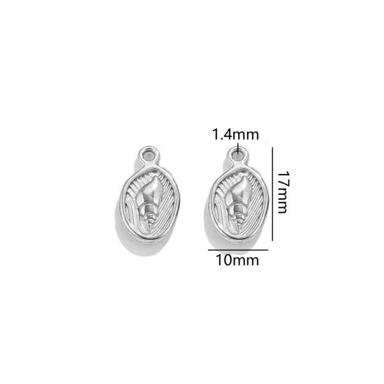 Picture of 2 PCs 304 Stainless Steel Ocean Jewelry Charms Silver Tone Oval Conch Sea Snail 17mm x 10mm