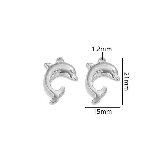 Image de 2 Pcs Breloques en 304 Acier Inoxydable Bijoux d'Océan Dauphin Argent Mat 21mm x 15mm