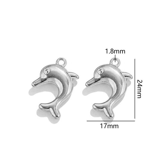 Image de 2 Pcs Breloques en 304 Acier Inoxydable Bijoux d'Océan Dauphin Argent Mat 3D 24mm x 17mm