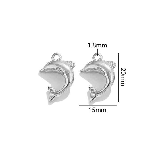 Image de 2 Pcs Breloques en 304 Acier Inoxydable Bijoux d'Océan Dauphin Argent Mat 3D 20mm x 15mm