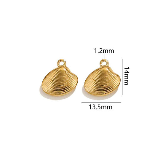 2 個 真空メッキ 304ステンレス鋼 海ジュエリー チャーム シェル 18Kゴールドメッキ 3D 14mm x 13.5mm、 の画像