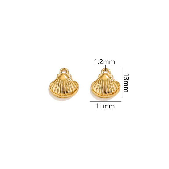 2 個 真空メッキ 304ステンレス鋼 海ジュエリー チャーム シェル 18Kゴールドメッキ 3D 13mm x 11mm、 の画像