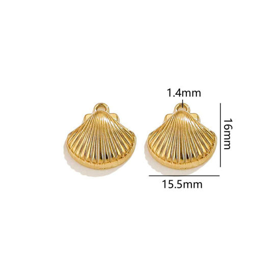 2 個 真空メッキ 304ステンレス鋼 海ジュエリー チャーム シェル 18Kゴールドメッキ 3D 16mm x 15.5mm、 の画像