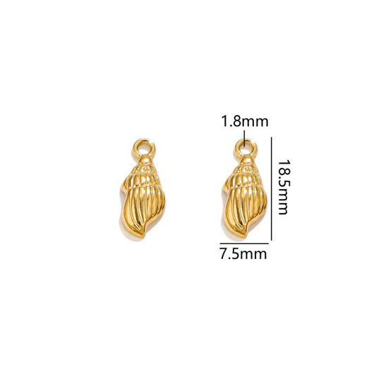 2 個 真空メッキ 304ステンレス鋼 海ジュエリー チャーム シェル 18Kゴールドメッキ 3D 18.5mm x 7.5mm、 の画像