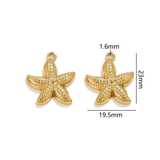 2 個 真空メッキ 304ステンレス鋼 海ジュエリー チャーム ヒトデ 18Kゴールドメッキ 23mm x 19.5mm、 の画像