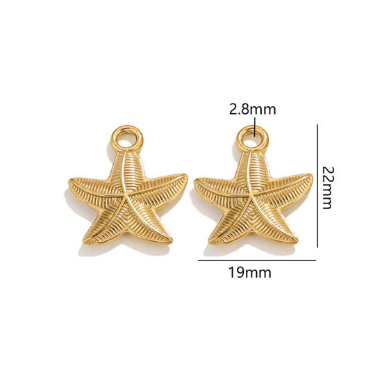 2 個 真空メッキ 304ステンレス鋼 海ジュエリー チャーム ヒトデ 18Kゴールドメッキ 3D 22mm x 19mm、 の画像