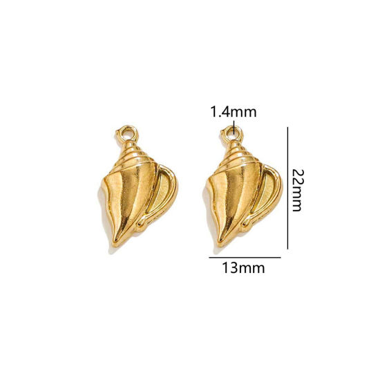2 個 真空メッキ 304ステンレス鋼 海ジュエリー チャーム 巻き貝 18Kゴールドメッキ 22mm x 13mm、 の画像