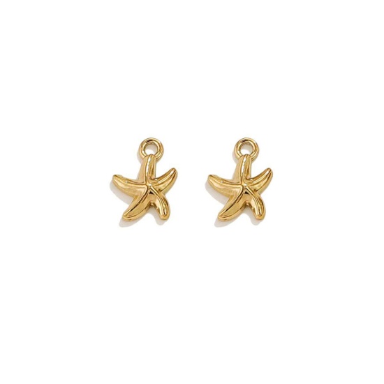 2 個 真空メッキ 304ステンレス鋼 海ジュエリー チャーム ヒトデ 18Kゴールドメッキ 14mm x 10mm、 の画像