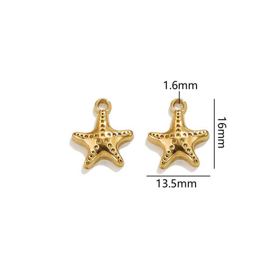 2 個 真空メッキ 304ステンレス鋼 海ジュエリー チャーム ヒトデ 18Kゴールドメッキ 16mm x 13.5mm、 の画像