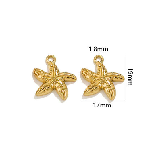 2 個 真空メッキ 304ステンレス鋼 海ジュエリー チャーム ヒトデ 18Kゴールドメッキ 19mm x 17mm、 の画像