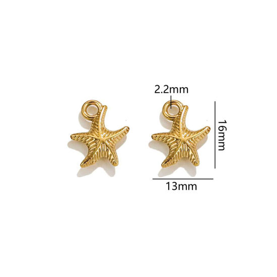 2 個 真空メッキ 304ステンレス鋼 海ジュエリー チャーム ヒトデ 18Kゴールドメッキ 3D 16mm x 13mm、 の画像