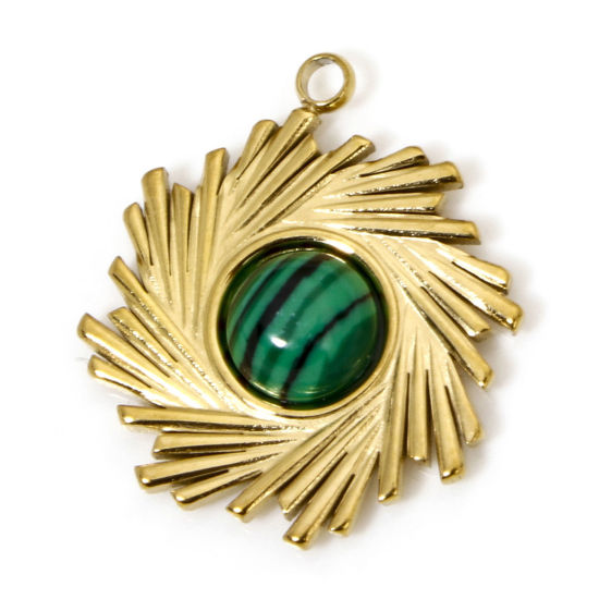 Изображение 1 ШТ вакуумное покрытие 304 Нержавеющая Сталь & Камень Богемный стиль Подвески Спираль Позолоченный Павлин зеленый Круглые 20мм x 17.5мм