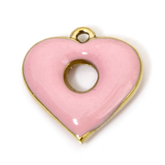 Изображение 1 ШТ вакуумное покрытие 304 Нержавеющая Сталь День святого Валентина Подвески Сердце Позолоченный Розовый Кольцеобразный С Эмалью 19мм x 18.5мм