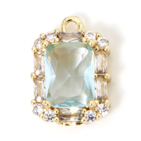 Immagine di 1 Pz Ecologico Ottone & Vetro Micro Intarsio Ciondoli Rettangolo 18K Vero Oro Placcato Zaffiro Chiaro Strass 14mm x 10mm