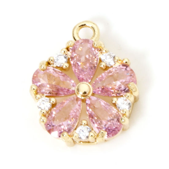 Bild von 1 Stück Umweltfreundlich Messing und Glas Charms 18K Echtgold plattiert Blumen Klar Zirkonia Rosa Strass 13mm x 11mm