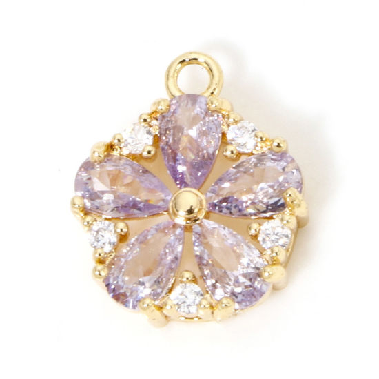 Bild von 1 Stück Umweltfreundlich Messing und Glas Charms 18K Echtgold plattiert Blumen Klar Zirkonia Amethyst Strass 13mm x 11mm
