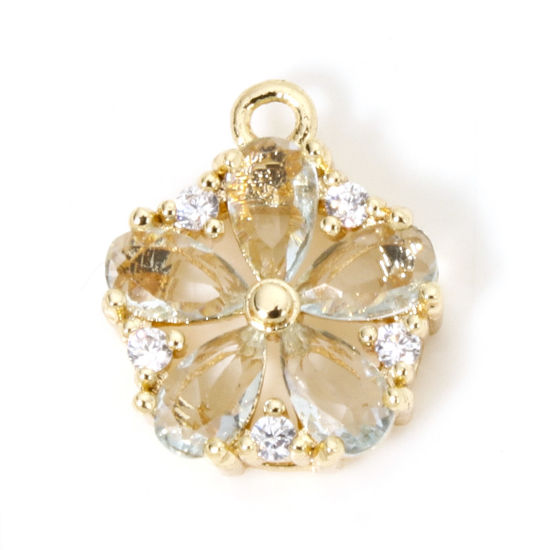 Bild von 1 Stück Umweltfreundlich Messing und Glas Charms 18K Echtgold plattiert Blumen Klar Zirkonia Saphir Strass 13mm x 11mm