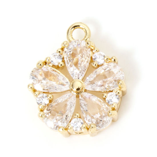 Bild von 1 Stück Umweltfreundlich Messing und Glas Charms 18K Echtgold plattiert Blumen Klar Zirkonia Transparent Strass 13mm x 11mm