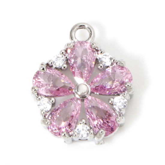 Bild von 1 Stück Umweltfreundlich Messing und Glas Charms Echt Platin plattiert Blumen Klar Zirkonia Rosa Strass 13mm x 11mm