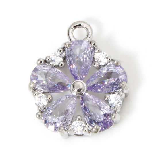 Bild von 1 Stück Umweltfreundlich Messing und Glas Charms Echt Platin plattiert Blumen Klar Zirkonia Amethyst Strass 13mm x 11mm
