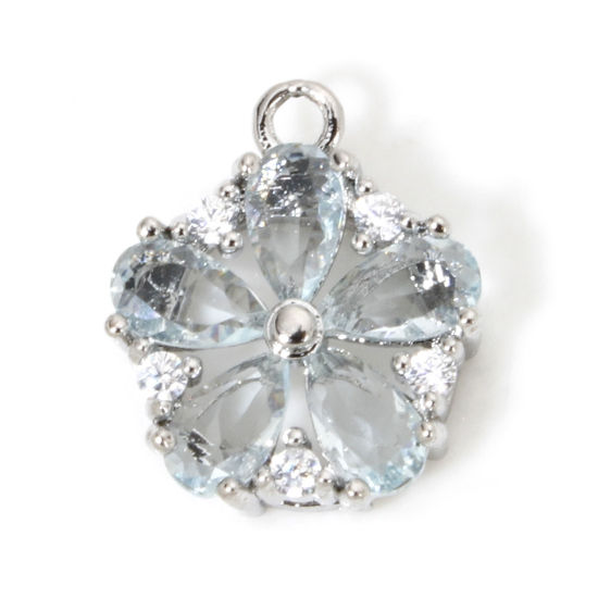 Bild von 1 Stück Umweltfreundlich Messing und Glas Charms Echt Platin plattiert Blumen Klar Zirkonia Saphir Strass 13mm x 11mm