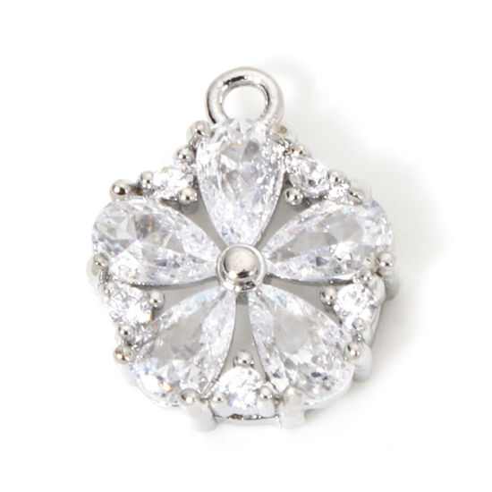 Bild von 1 Stück Umweltfreundlich Messing und Glas Charms Echt Platin plattiert Blumen Klar Zirkonia Transparent Strass 13mm x 11mm
