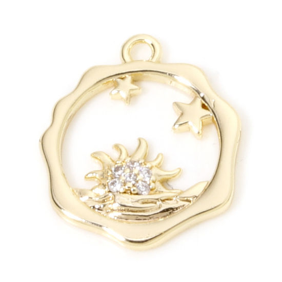 Bild von 1 Stück Umweltfreundlich Messing Galaxis Charms 18K Echtgold plattiert Sonne Stern Hohl Klar Zirkonia 16mm x 14mm